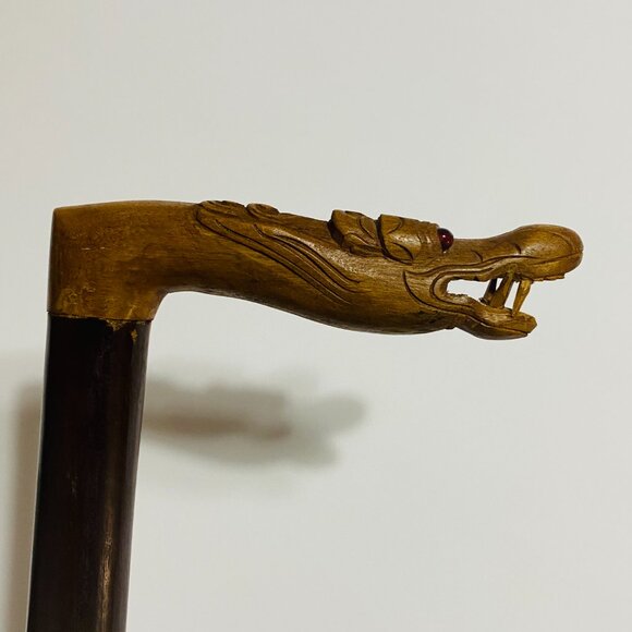 Rare & Unique VTG Wooden Hand Carved Walking Cane Red Eyes Dragon Stick Handle. - Picture 10 of 17